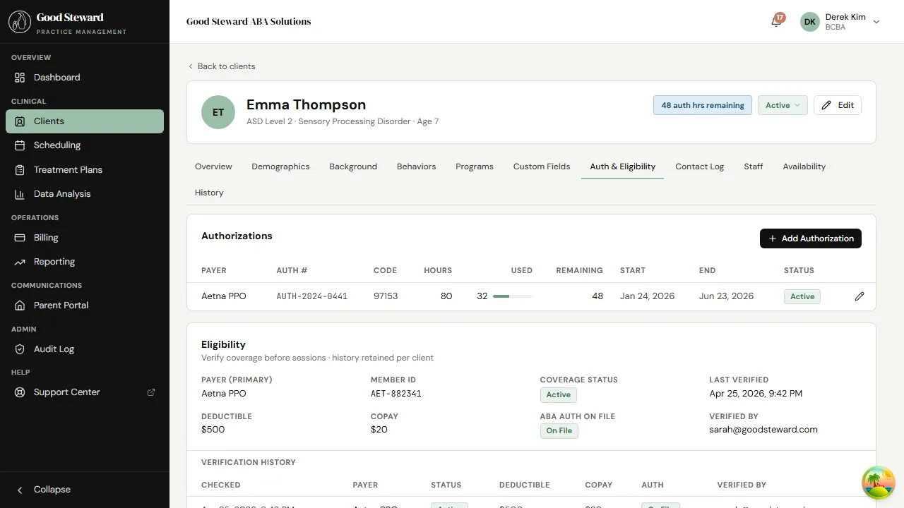 Client Auth & Eligibility tab showing one Aetna PPO authorization and the eligibility verification history