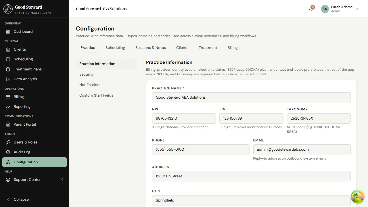Configuration page on the Practice tab, Practice Information panel showing name, address, NPI fields