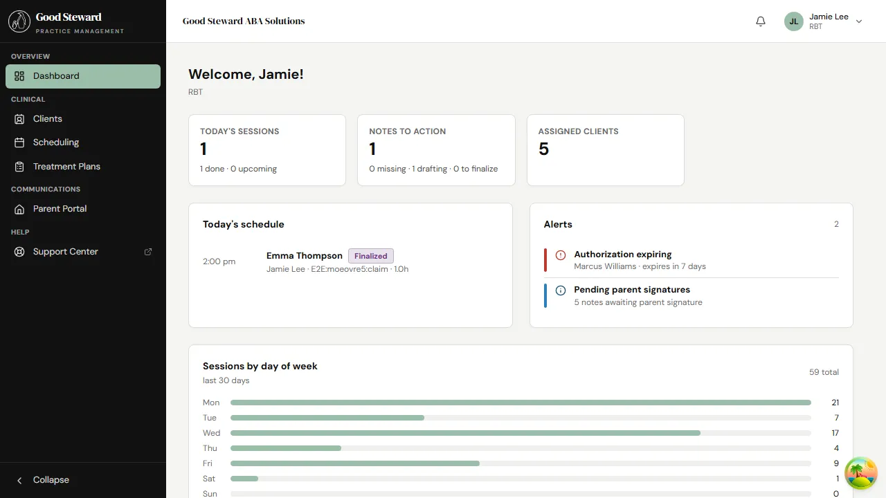 RBT dashboard showing Today's session timeline with client names and session times