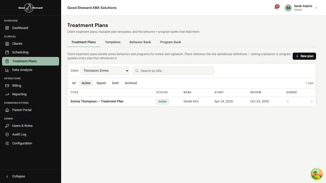Treatment Plans tab with a client selected and the New plan button visible