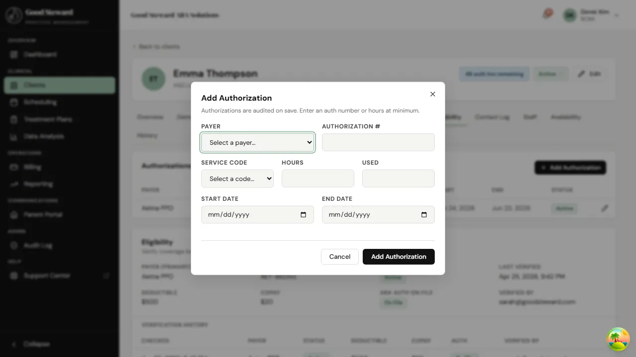 Add Authorization dialog with fields for payer, auth number, code, hours, start, end, and notes