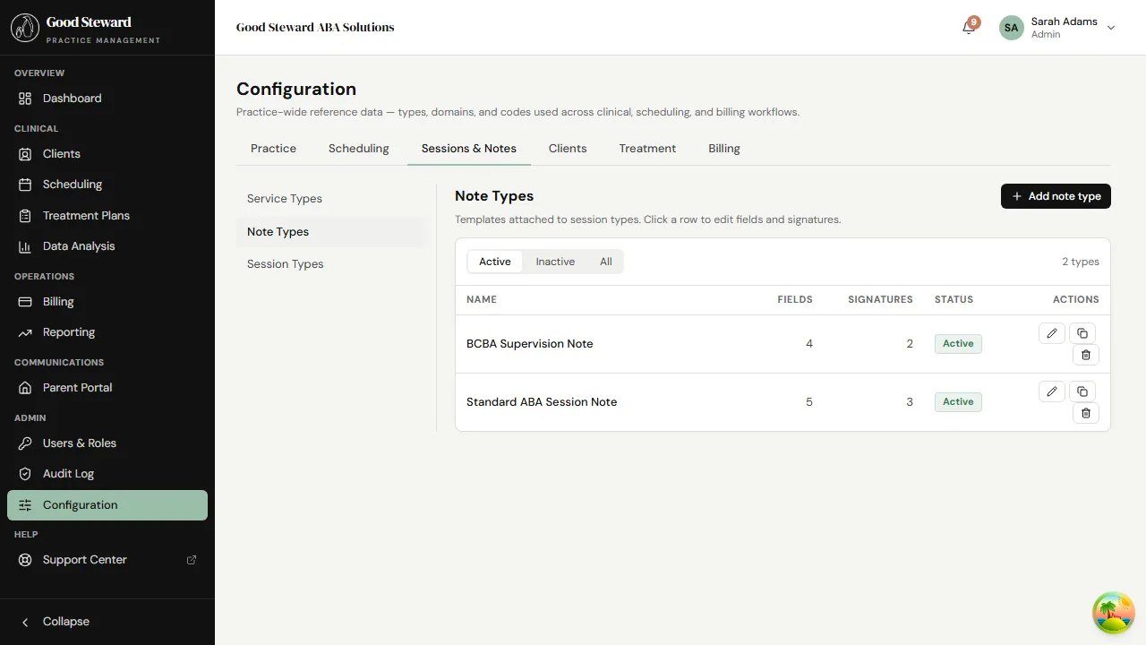 Configuration → Sessions & Notes → Note Types panel listing the practice's note templates