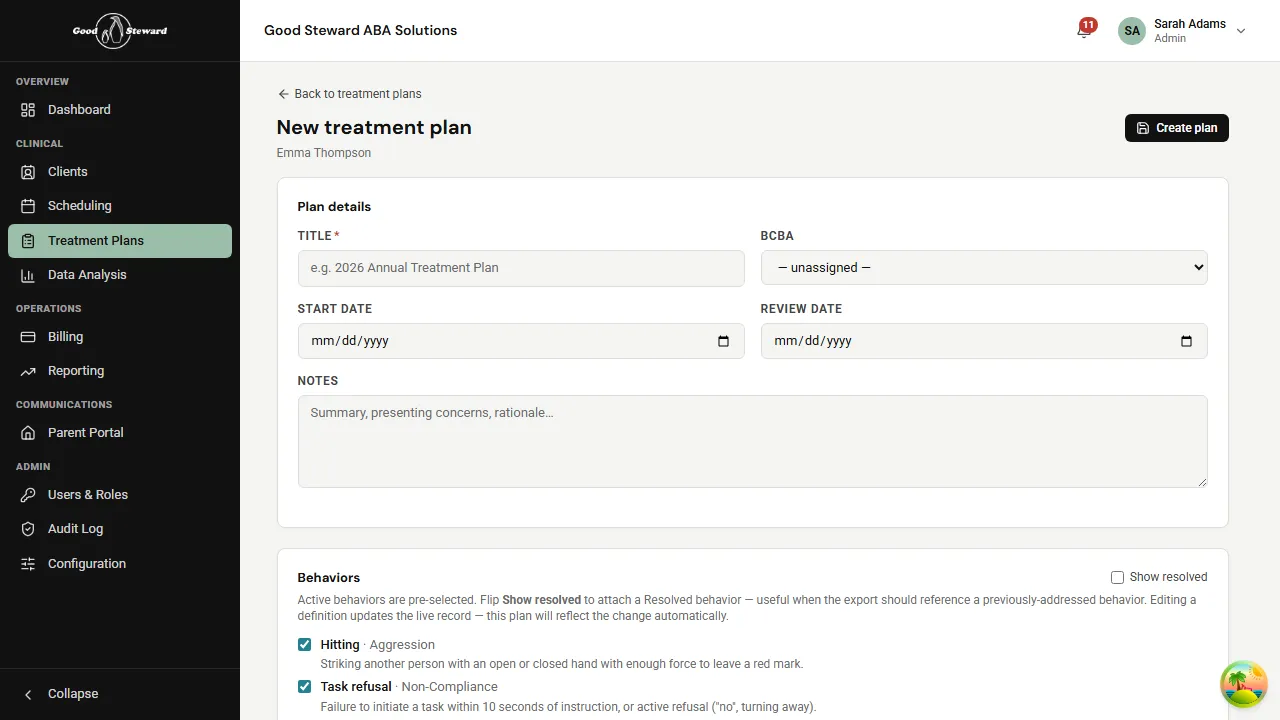 Empty new-treatment-plan form with Title, BCBA, dates, and notes fields
