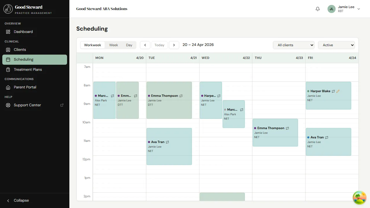 Scheduling page in week view showing Jamie's assigned sessions across Mon–Fri