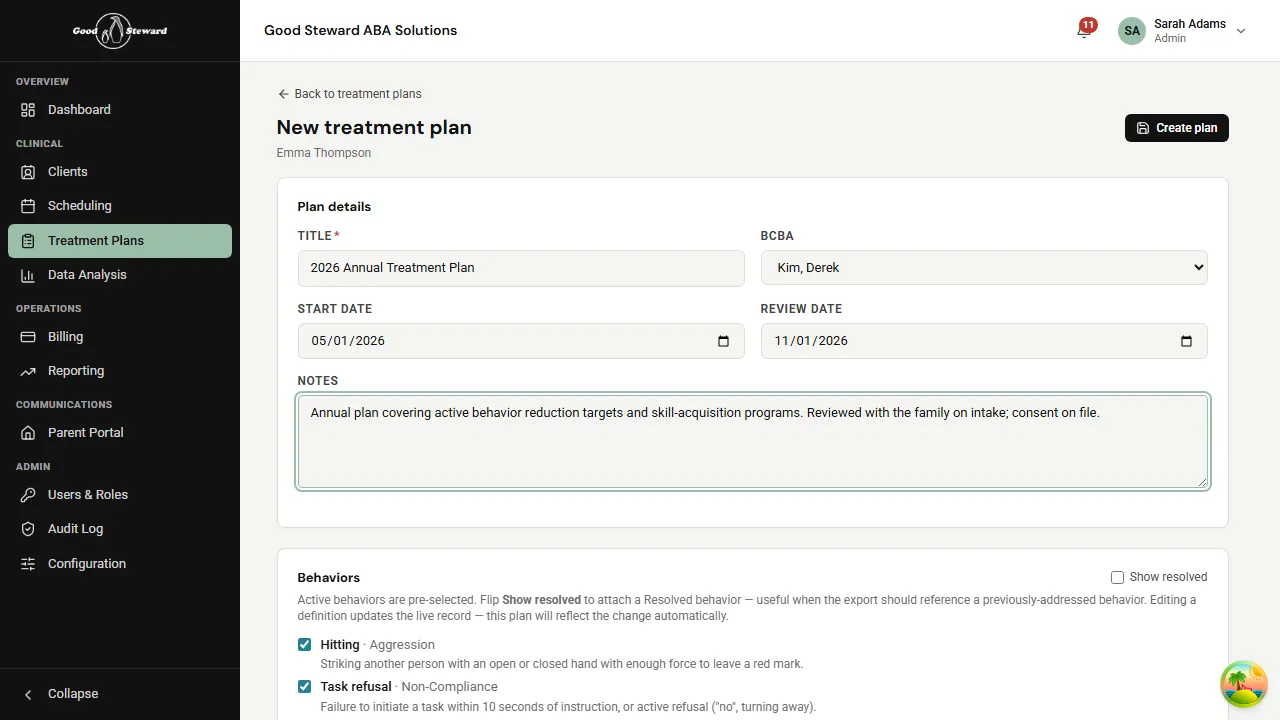 New-treatment-plan form filled in with title, BCBA, dates, and notes