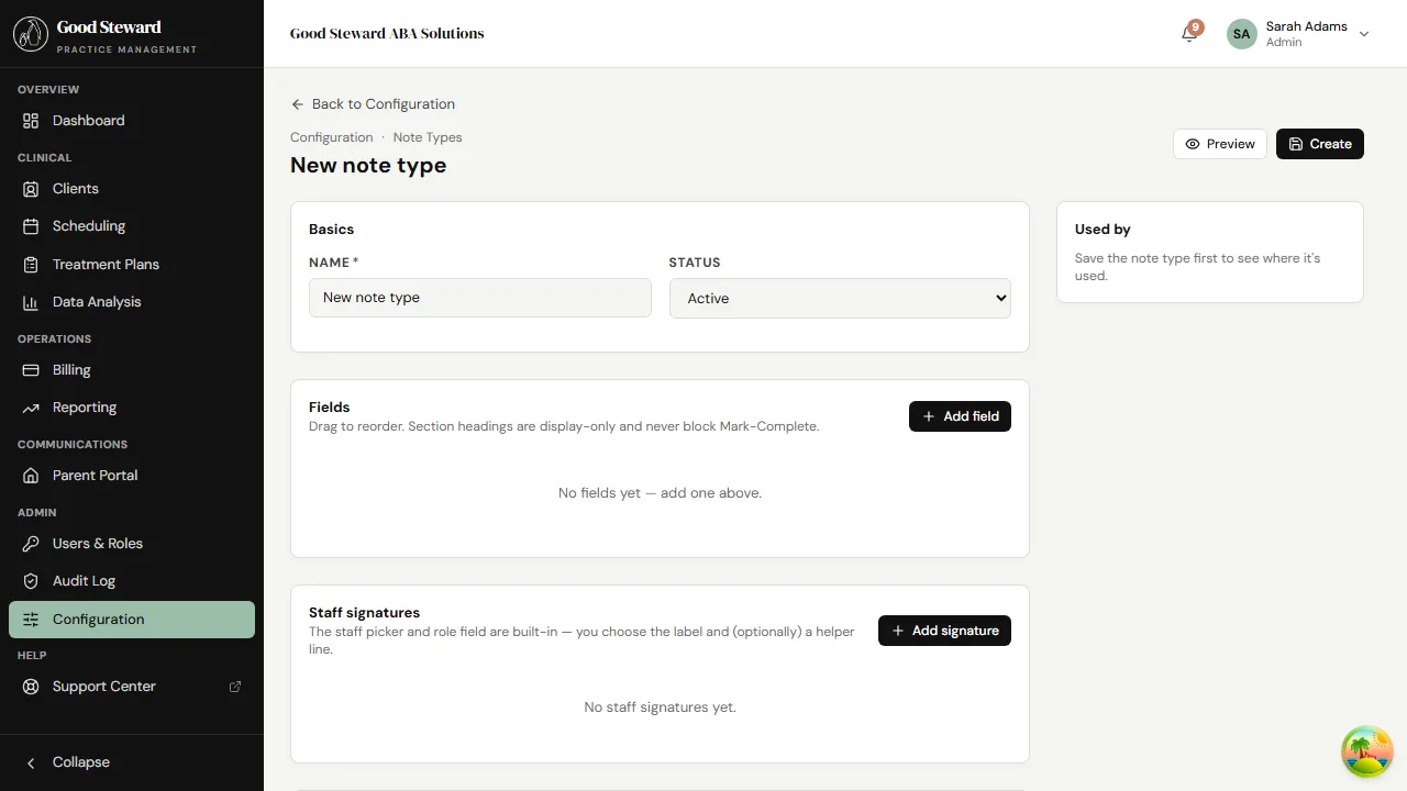 Note Type Builder with Basics, Fields, Staff signatures, and Parent signature sections