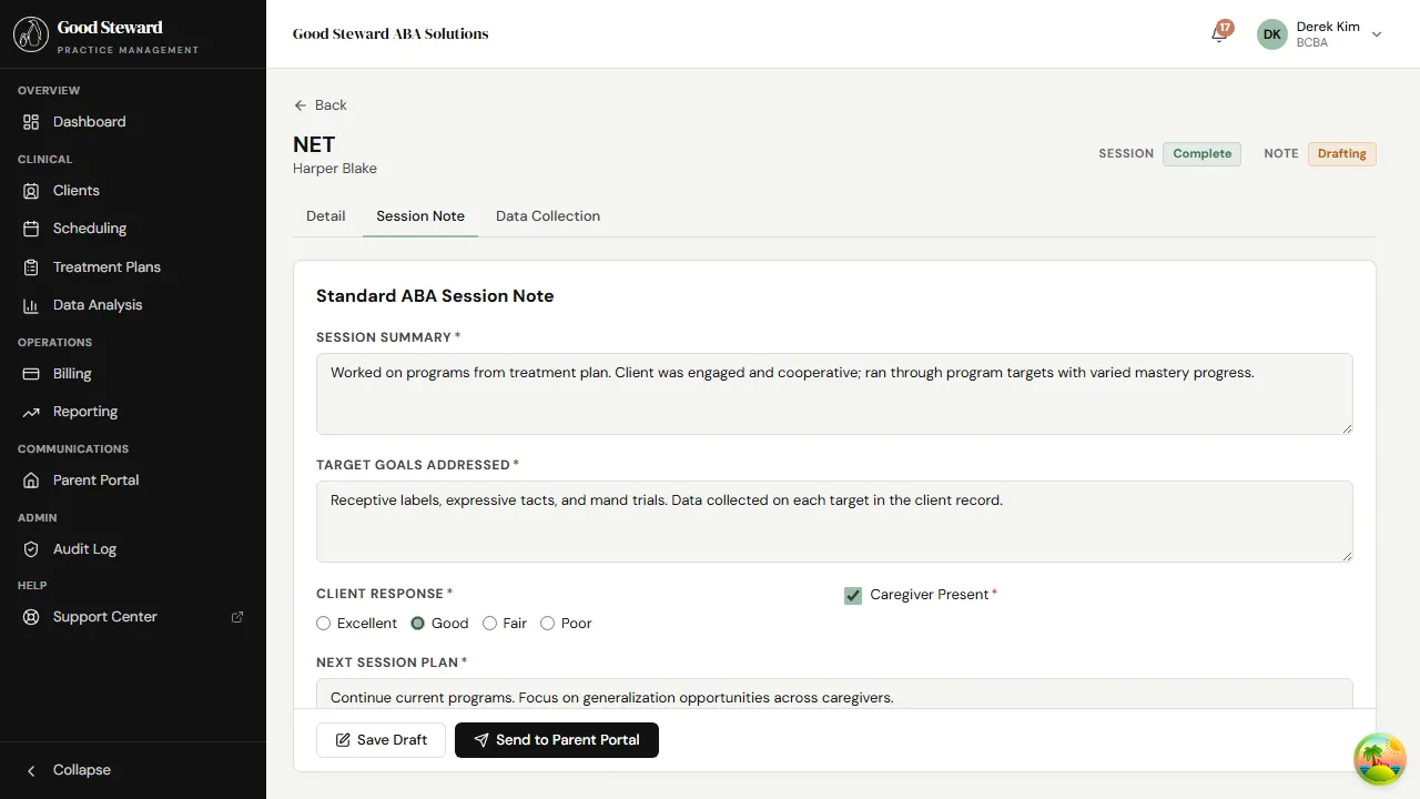 BCBA reviewing a session note — the form is read-only with the RBT's narrative, observations, and signoff visible