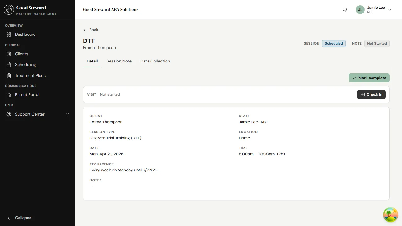 Visit verification card with a Check In button — status reads 'Not started'