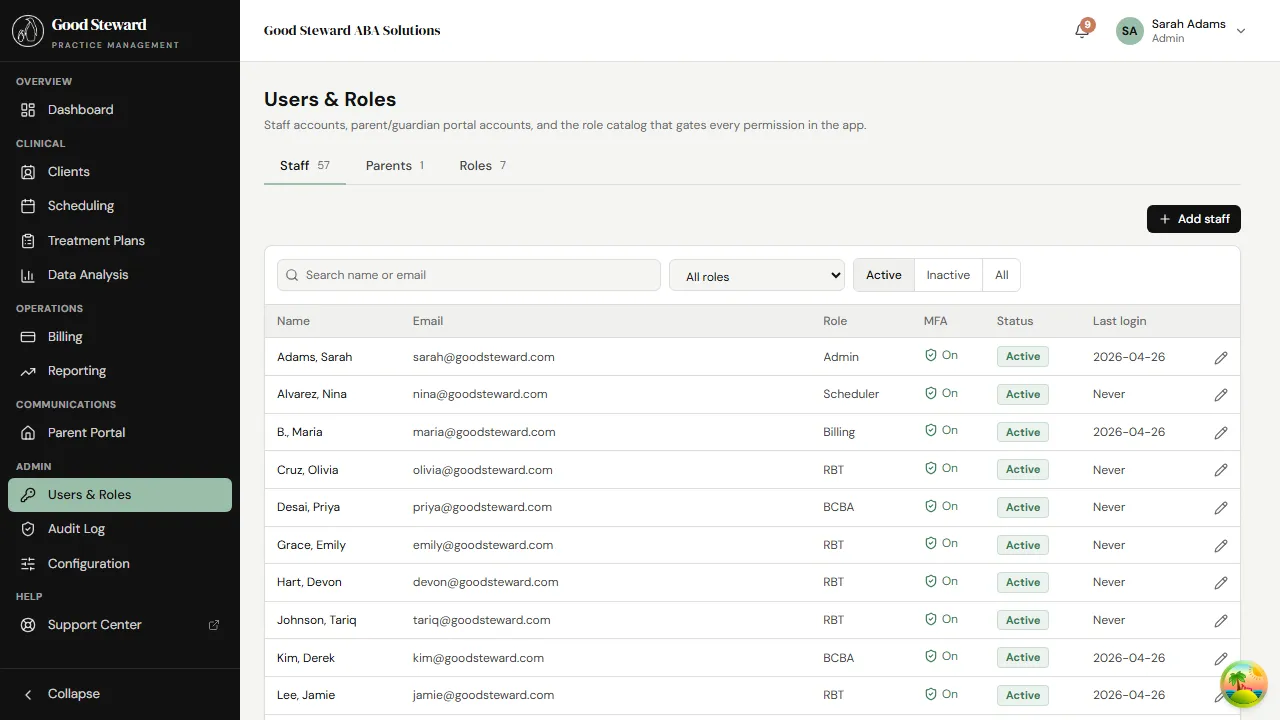 Users & Roles page on the Staff tab listing every active staff member, their role, and status
