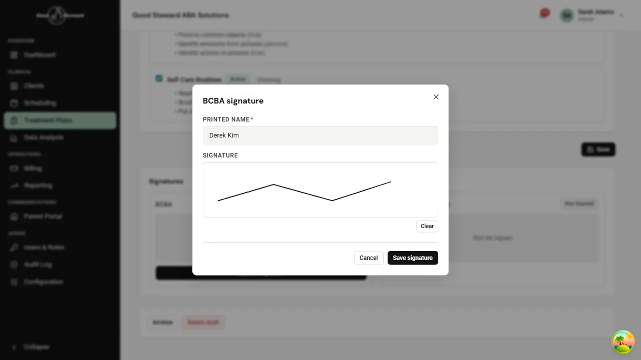 BCBA signature dialog with printed name filled and a signature drawn on the canvas