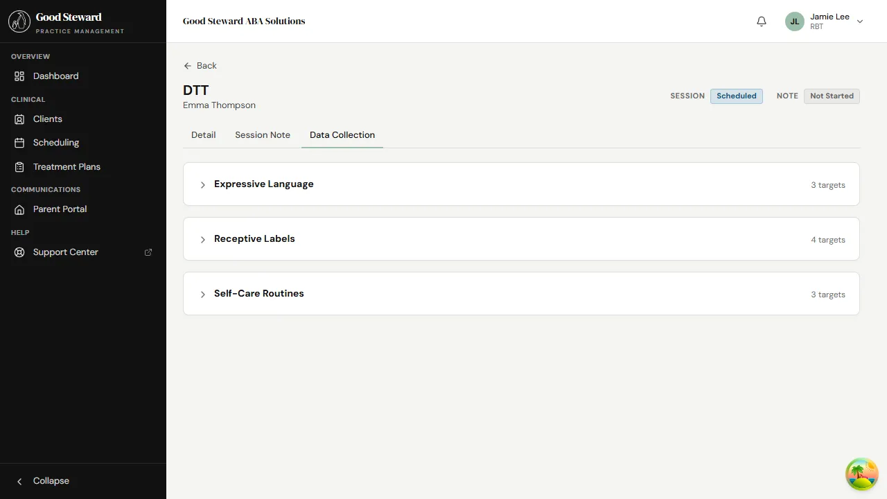 Data Collection tab with three collapsed program cards: Receptive Labels, Self-Care Routines, Expressive Language