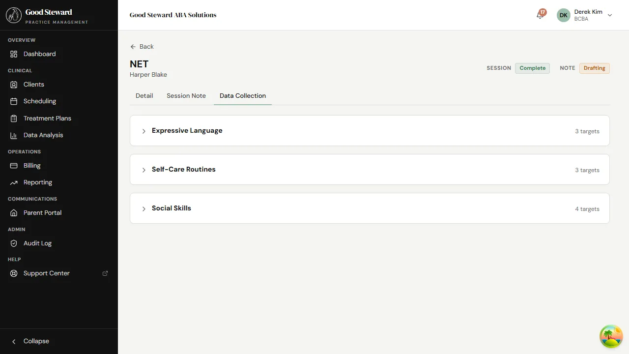 Data Collection tab on the session — programs, targets, and saved data points the RBT recorded