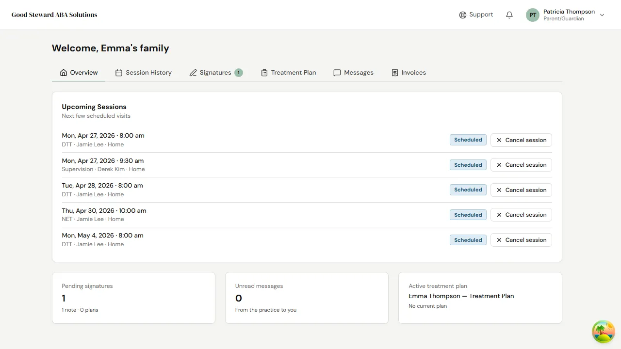 Parent portal Overview with upcoming sessions and pending-signatures, messages, and plan summary cards