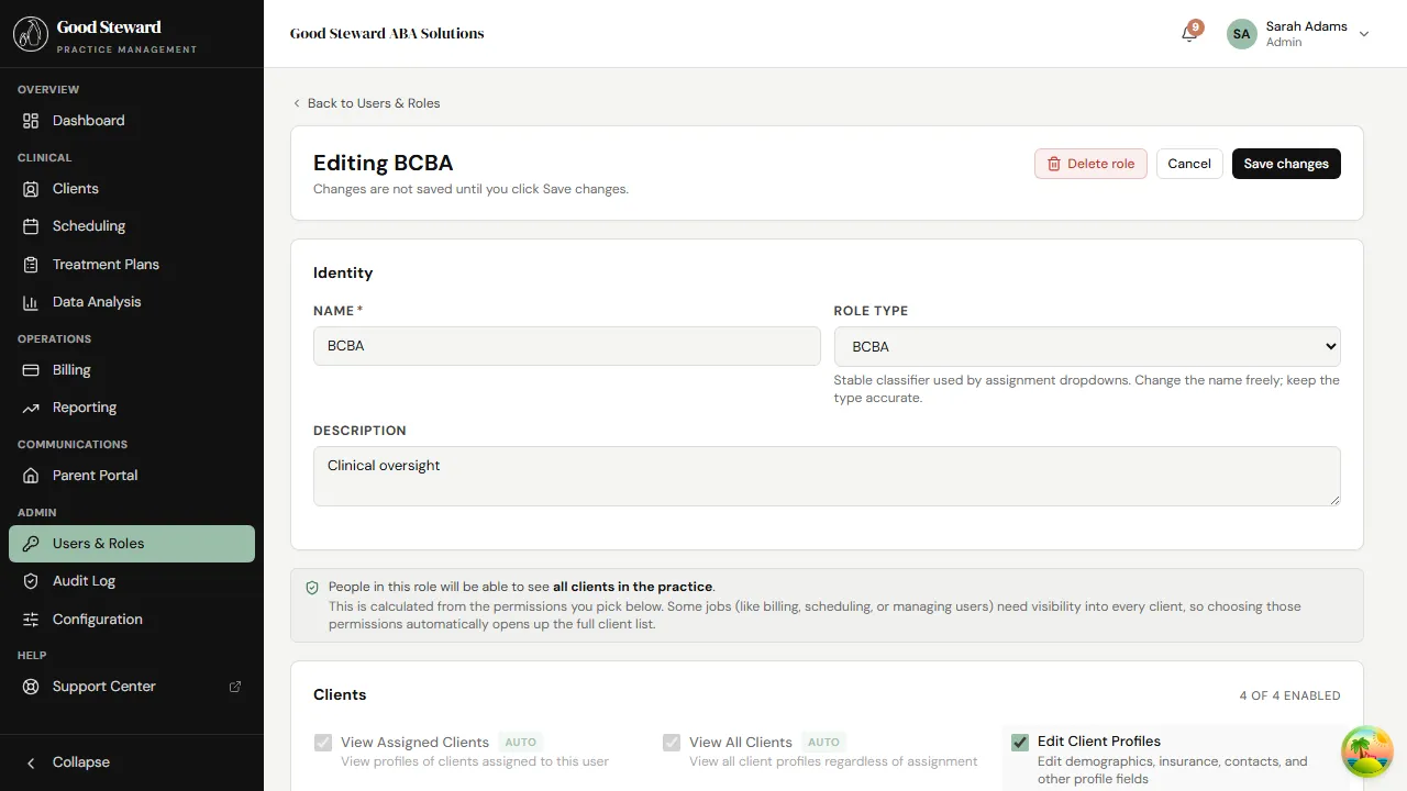 Role editor for BCBA — the permission grid with checkboxes grouped by feature