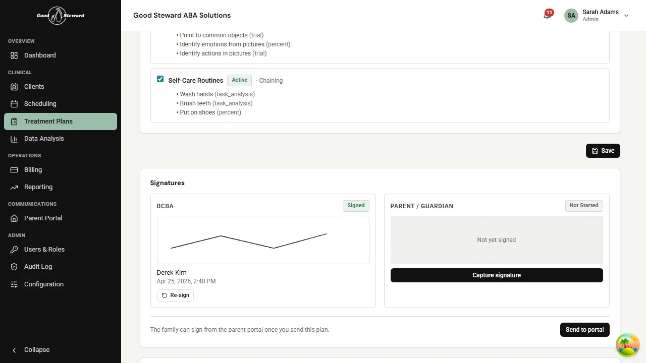 Treatment plan after BCBA signature with the Send to portal button visible