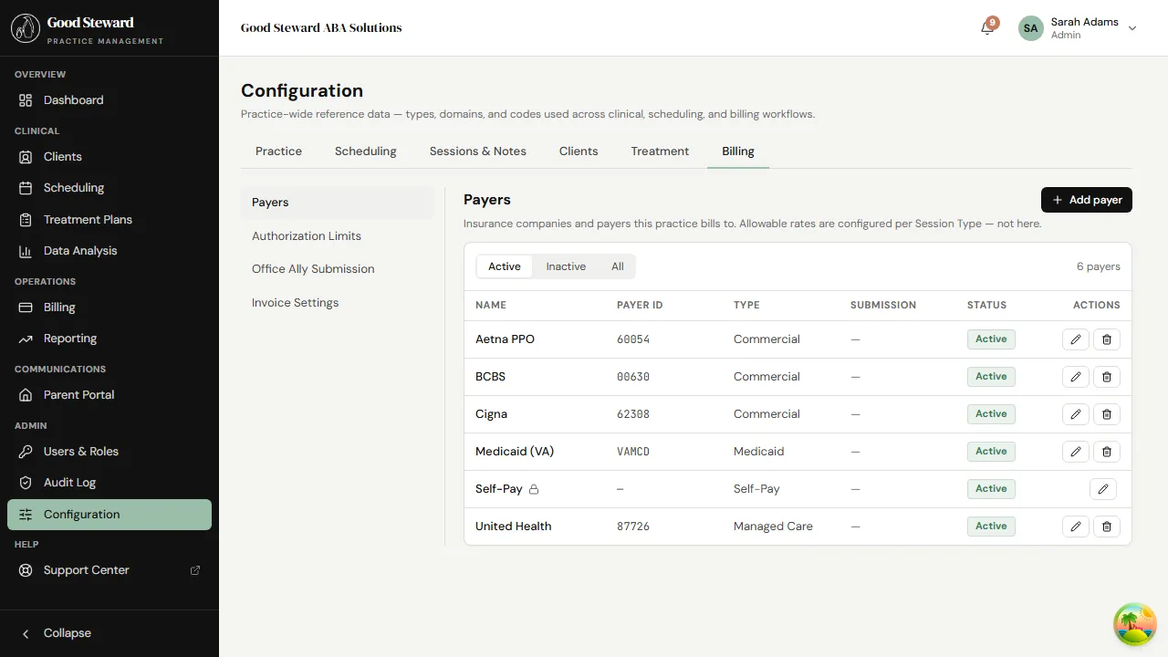 Configuration → Billing → Payers panel listing payers with type, NPI, and rate columns