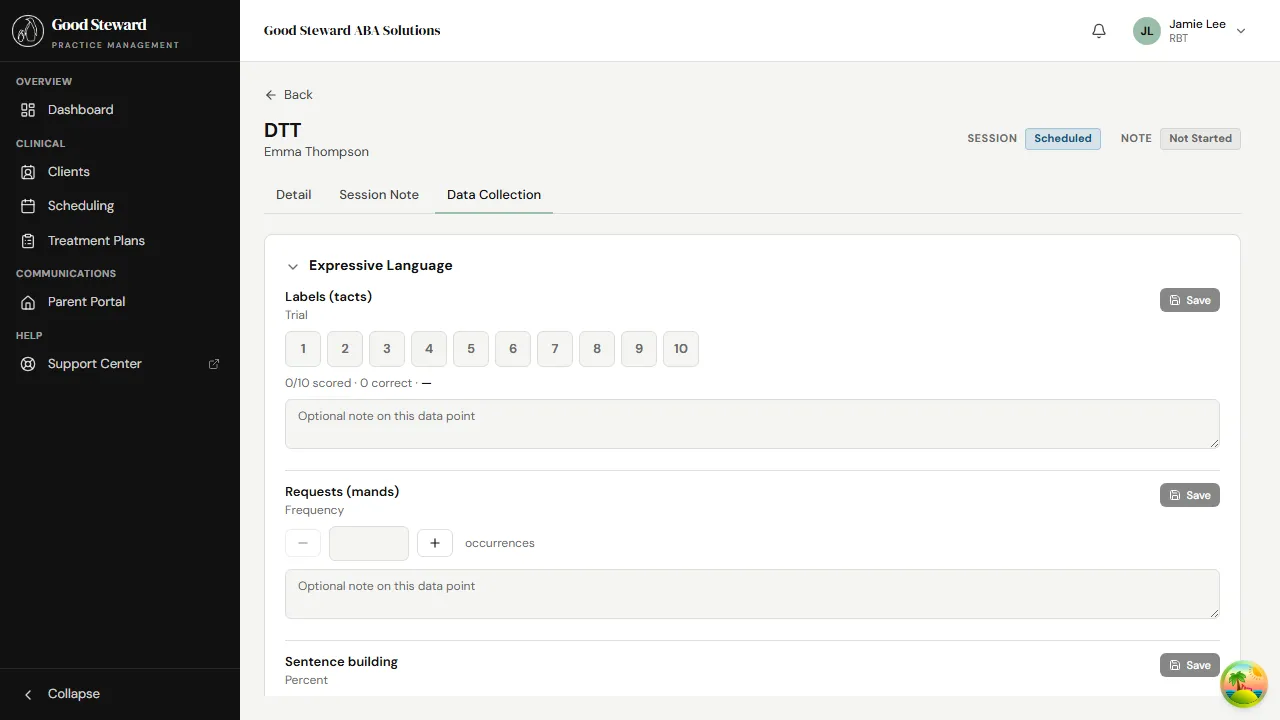 Expressive Language program expanded, showing Labels (tacts), Requests (mands), and Sentence building targets