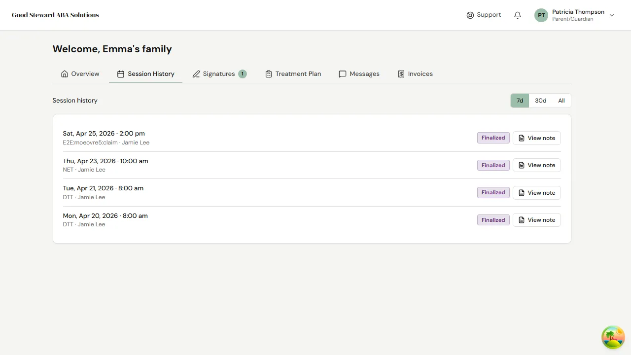 Session History tab listing recent sessions