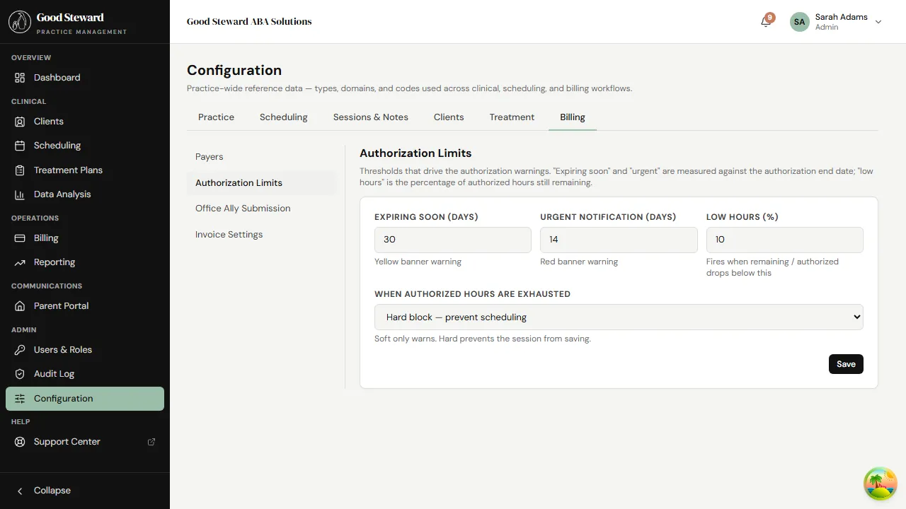 Configuration → Billing → Authorization Limits panel showing per-code unit and date-window defaults