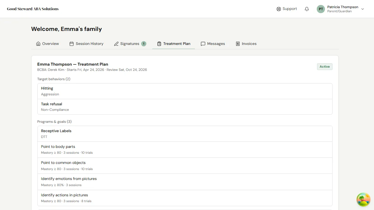 Treatment Plan tab showing the active plan with behaviors and programs