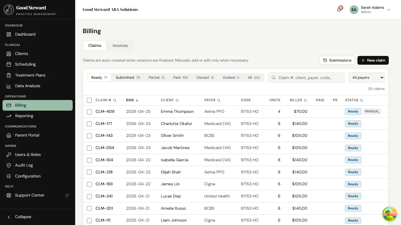 Claims queue listing every claim with status, payer, client, service date, units, billed amount, and actions
