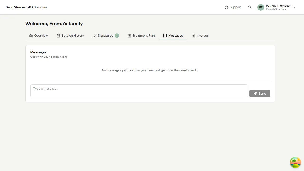 Messages tab with a thread between the parent and the practice