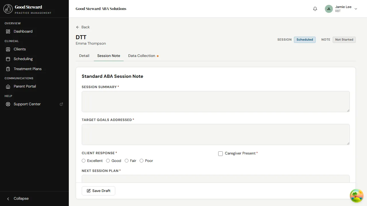 Empty Session Note form with sections for narrative, targets, behavior, and signoff