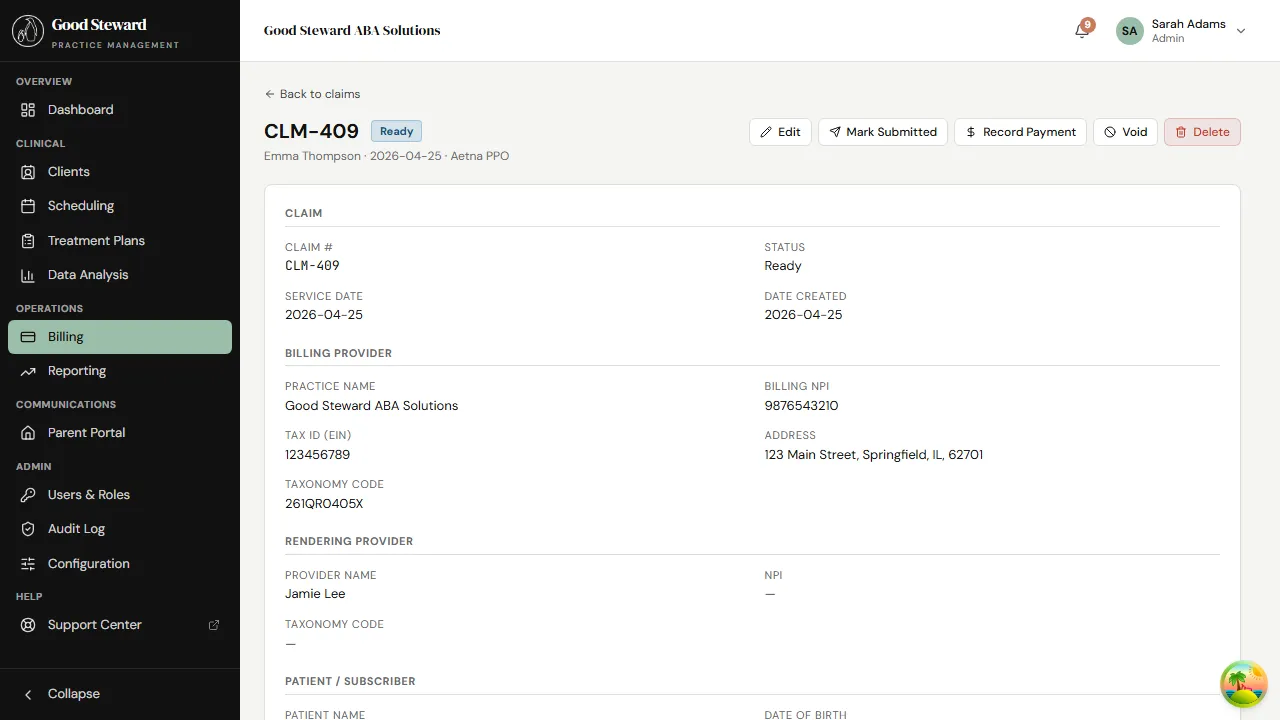 Claim detail page showing claim line items, linked session, authorization, billing summary, and history log
