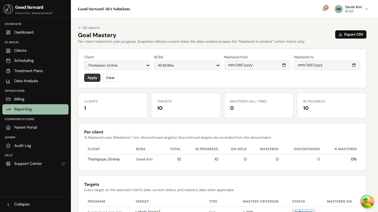 Goal Mastery report scoped to one client, showing the per-target table below the rollup