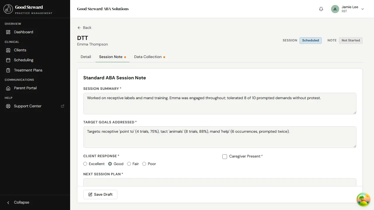 Session Note form with the narrative and targets sections filled in
