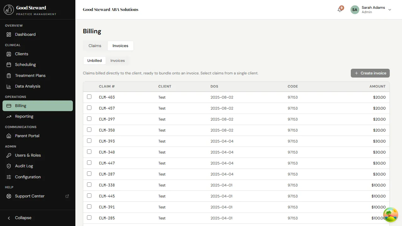 Billing → Invoices page showing the Unbilled Charges and Invoices sub-tabs